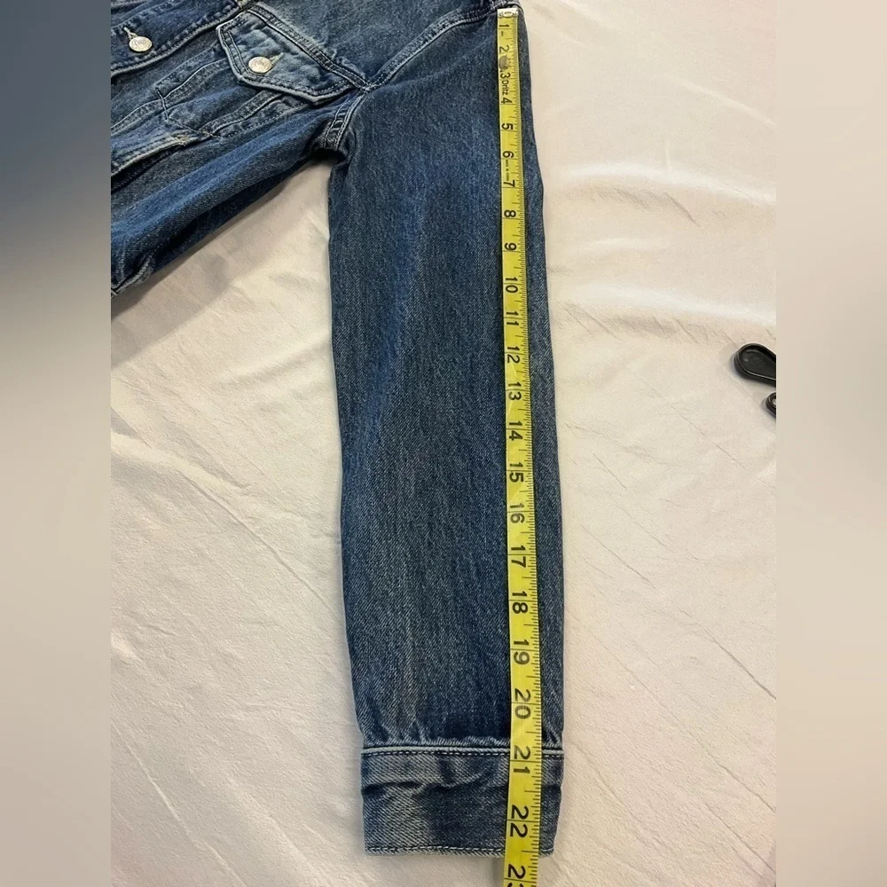 Topshop Women's Medium Wash Blue Denim Trucker Cropped Western Jacket Pockets 4 - Picture 6 of 9